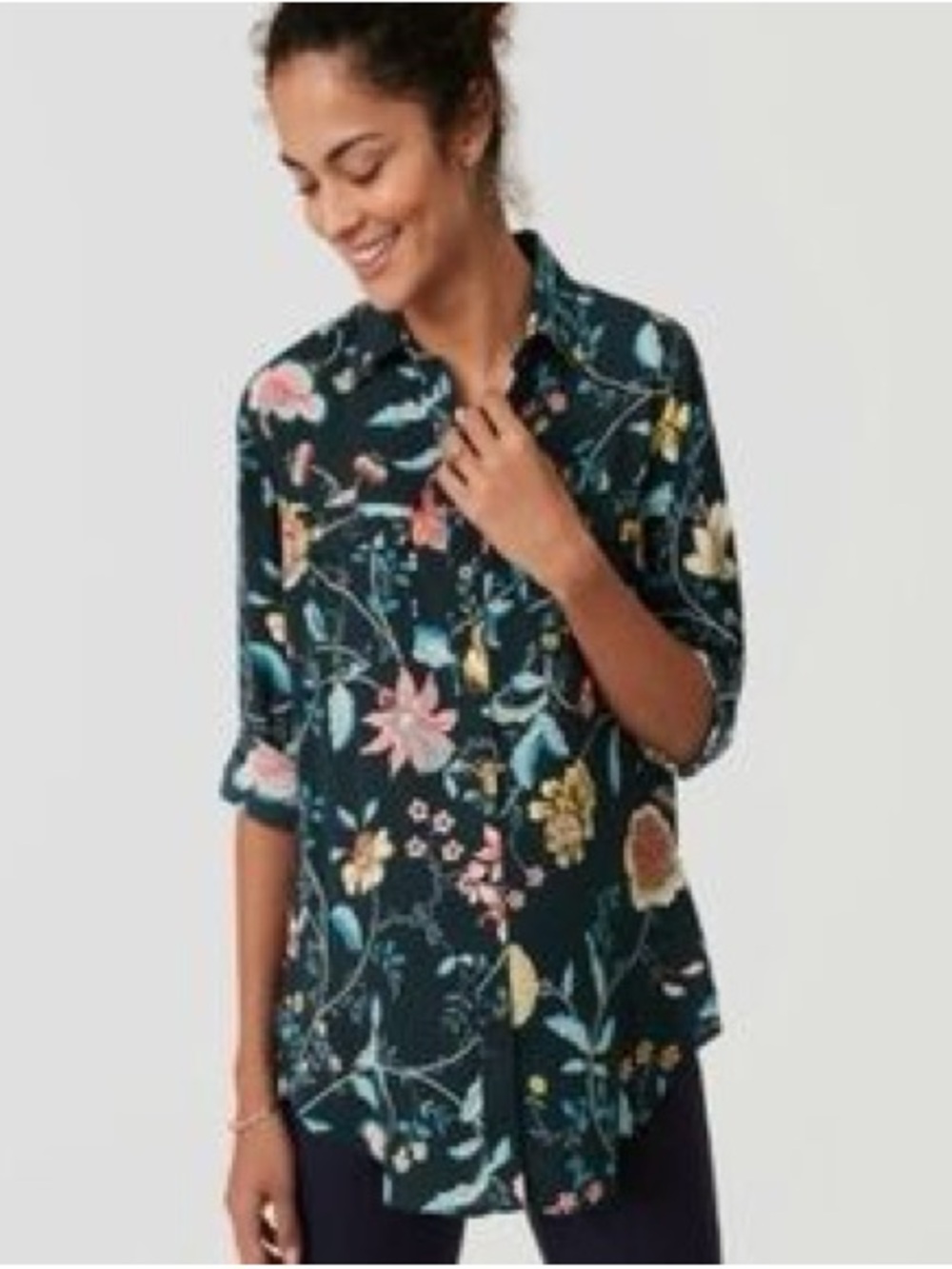 LOFT Dark Teal Floral Button-Down Shirt - Picture 2 of 8